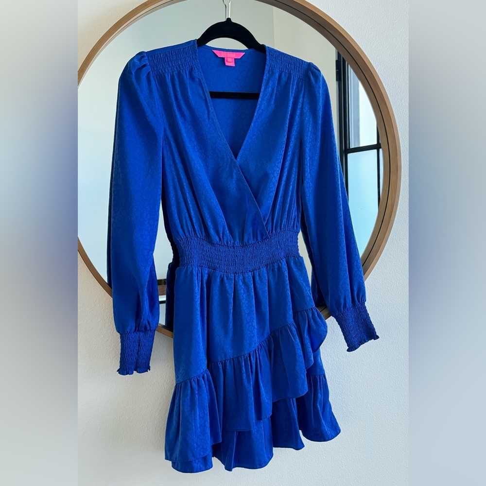 Lilly Pulitzer Cristiana Wrap Dress 00 Ikat Blue Petite Leopard Jacquard